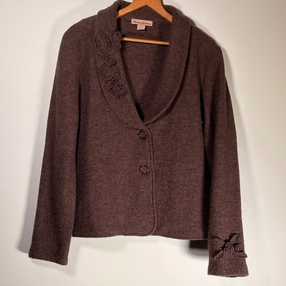 Marisa Christina Brown Boiled Wool Jacket Floral Applique Shawl Collar Large 3D